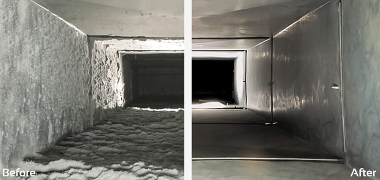 Before and after pictures of air duct cleaning services - on the left the ducts are dirty and full of dust, and on the right they are clean.