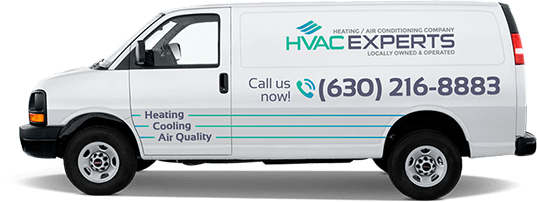 A white van with HVAC Experts’ logo, contacts and main service list.